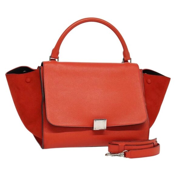 CELINE Trapeze Medium Hand Bag Suede Leather 2way Red Silver Auth gh084 - Picture 1 of 15